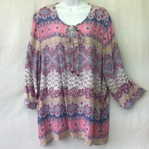 Porophrose Women's Top Pink Blue Wide 3/4 Sleeve Tie Paisley Tunic Blouse 2X NWT